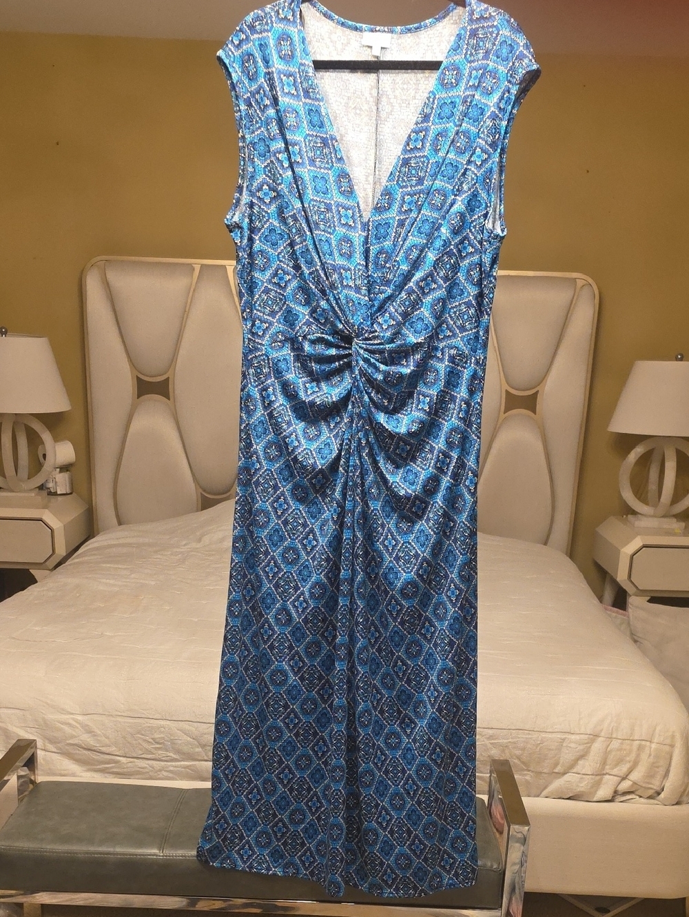 Avenue Blue Geometric Maxi Dress Stretchy Size 22/24